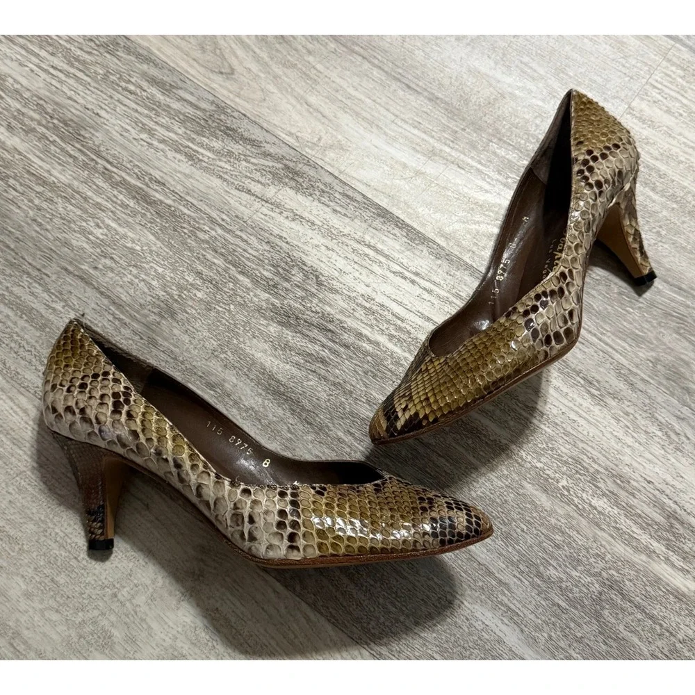 Norman Kaplan Vintage Snakeskin‎ Pumps Brown Tan Python Heels Made in Spain 8B